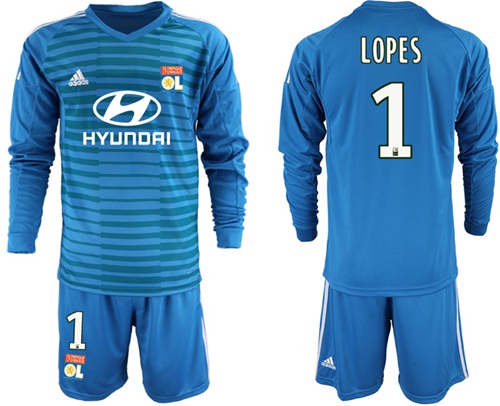 Lyon #1 Lopes Blue Goalkeeper Long Sleeves Soccer Club Jersey